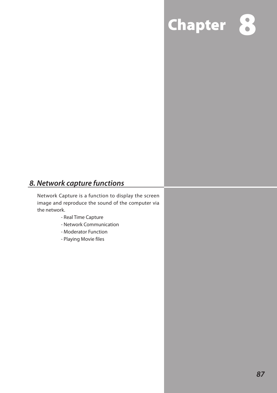 Network capture functions, Chapter | Sanyo 1AV4U19B25500 User Manual | Page 87 / 154