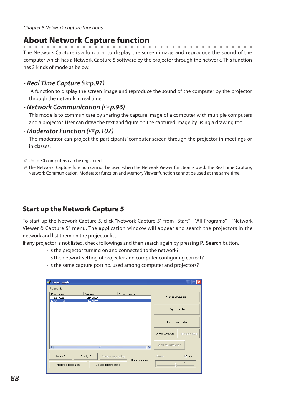 About network capture function, Start up the network capture 5, Real time capture ( + p.1) | Network communication ( + p.), Moderator function ( + p.10) | Sanyo 1AV4U19B25500 User Manual | Page 88 / 154