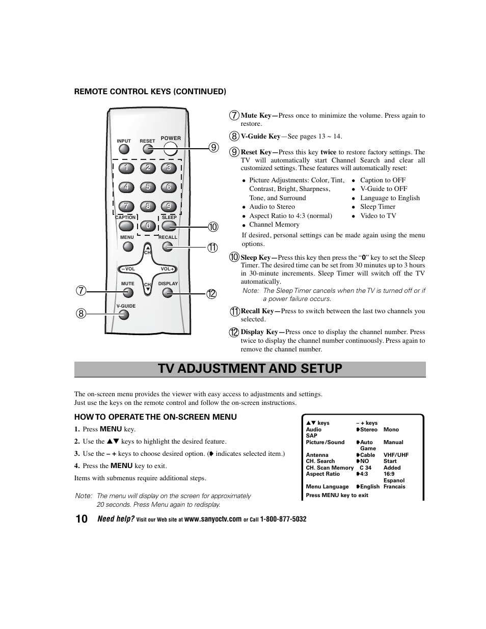 Tv adjustment and setup | Sanyo DS27225 User Manual | Page 10 / 52