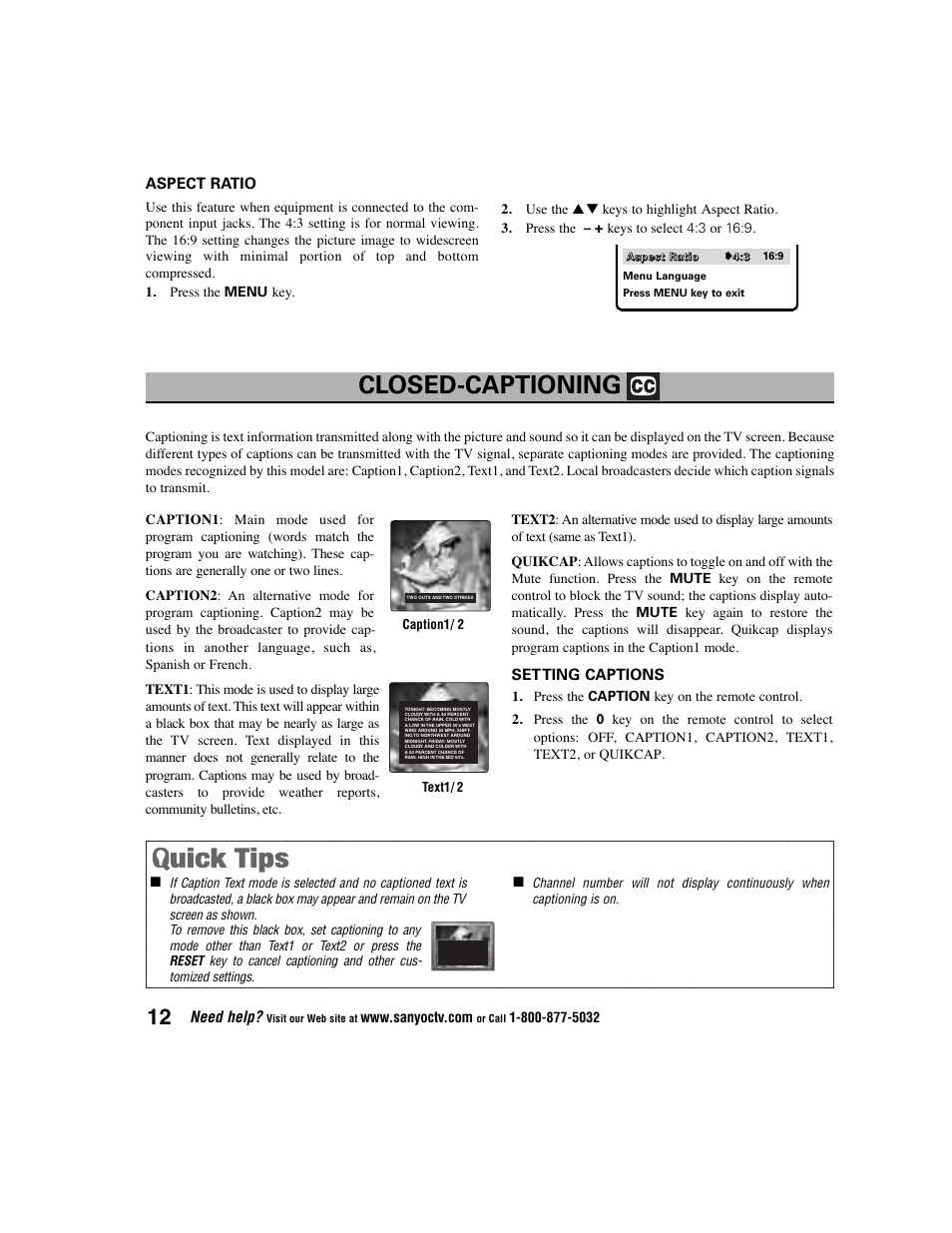 Closed-captioning, Setting captions, Need help | Aspect ratio | Sanyo DS27225 User Manual | Page 12 / 52