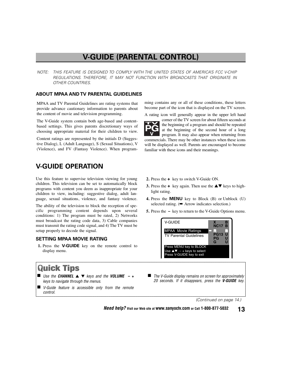 V-guide (parental control), V-guide operation | Sanyo DS27225 User Manual | Page 13 / 52