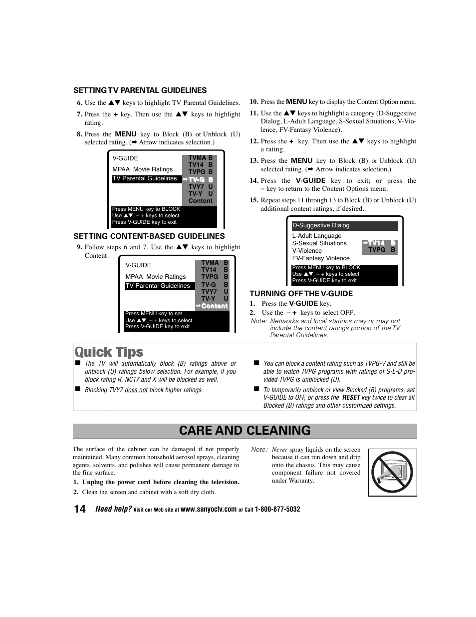 Care and cleaning | Sanyo DS27225 User Manual | Page 14 / 52