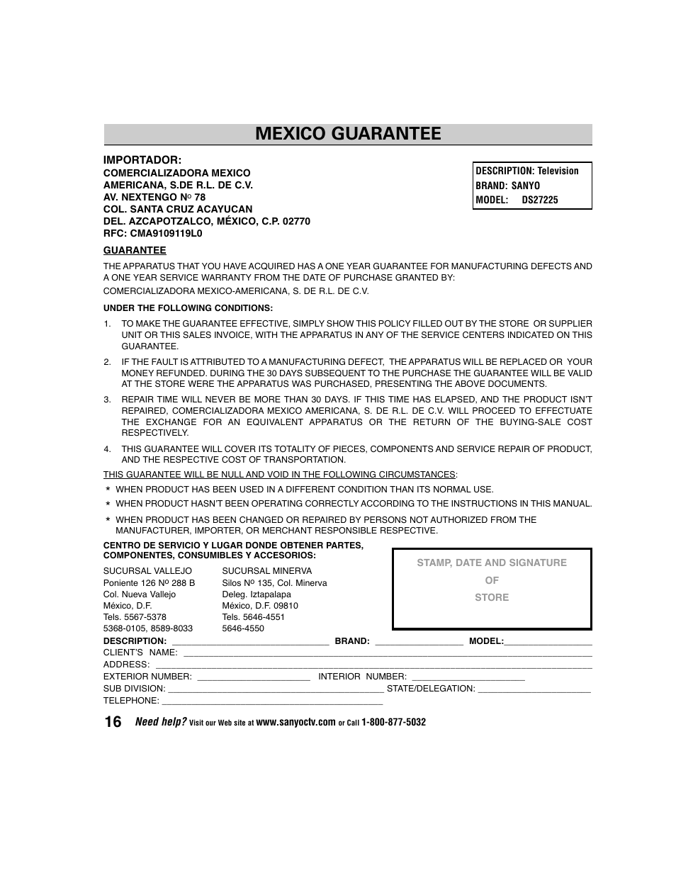 Mexico guarantee | Sanyo DS27225 User Manual | Page 16 / 52