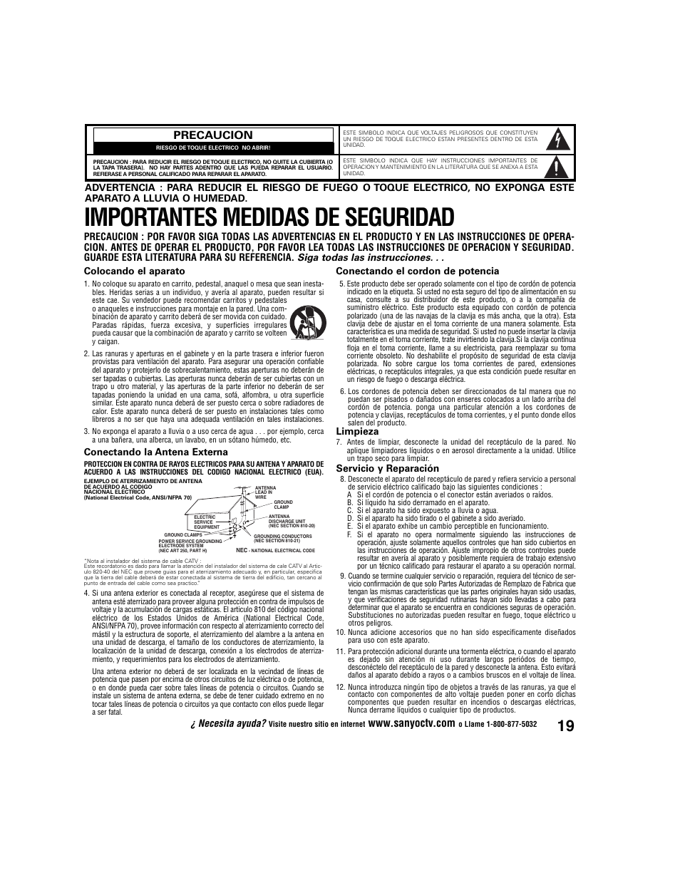 Importantes medidas de seguridad, Precaucion, Conectando la antena externa | Conectando el cordon de potencia, Limpieza, Servicio y reparación, Necesita ayuda | Sanyo DS27225 User Manual | Page 19 / 52
