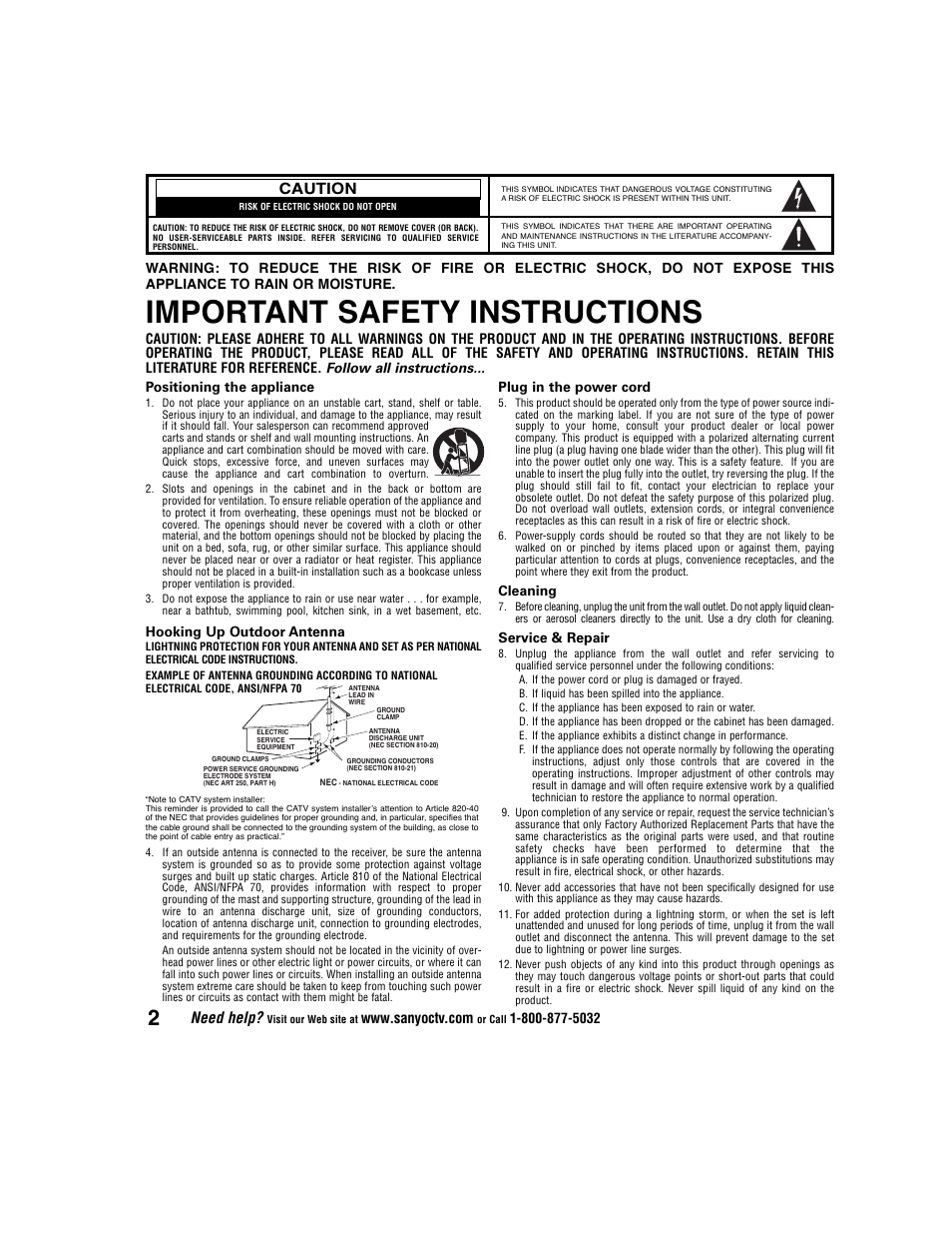 Important safety instructions, Caution, Need help | Sanyo DS27225 User Manual | Page 2 / 52