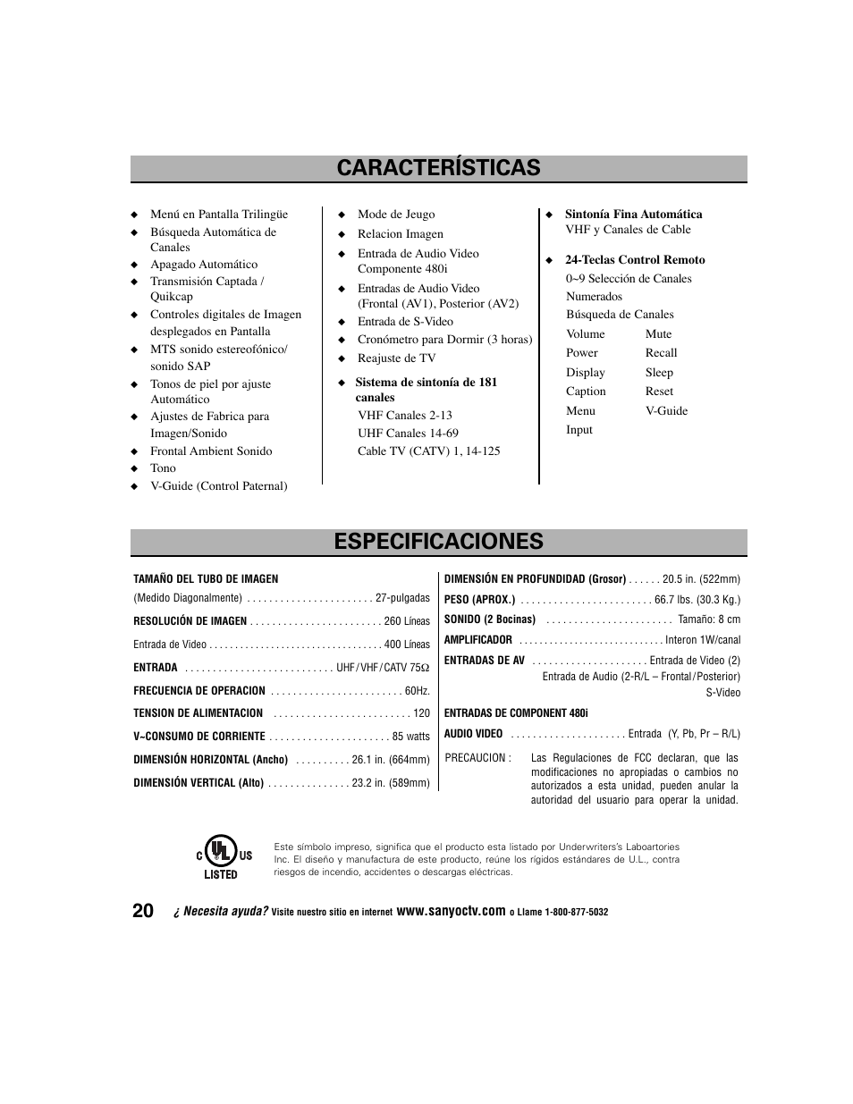 Características especificaciones | Sanyo DS27225 User Manual | Page 20 / 52