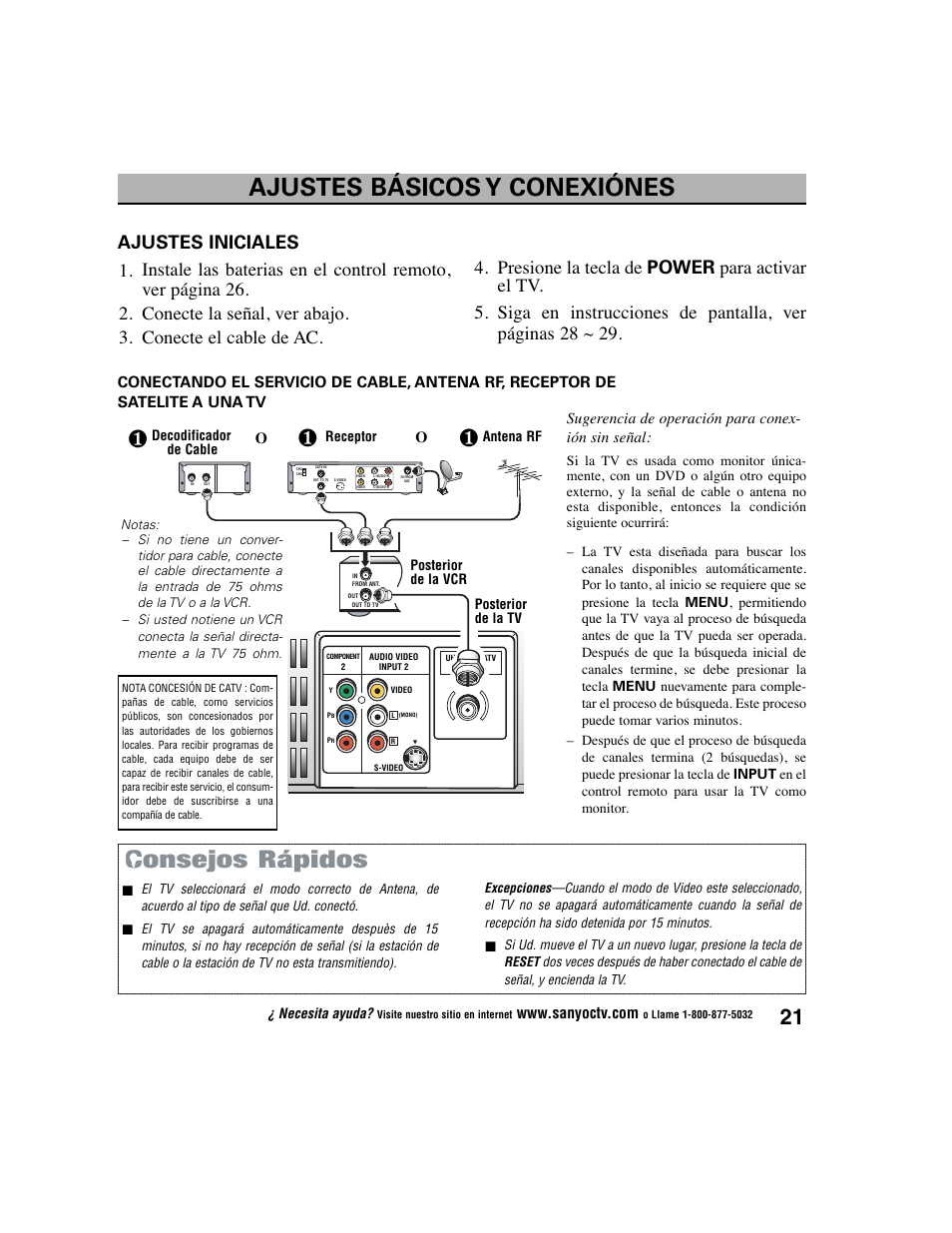 Consejos rápidos, Ajustes básicos y conexiónes | Sanyo DS27225 User Manual | Page 21 / 52