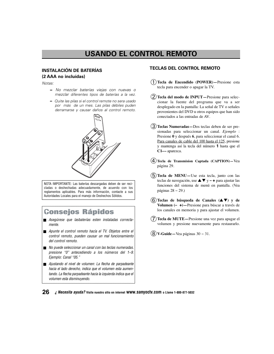 Consejos rápidos, Usando el control remoto | Sanyo DS27225 User Manual | Page 26 / 52