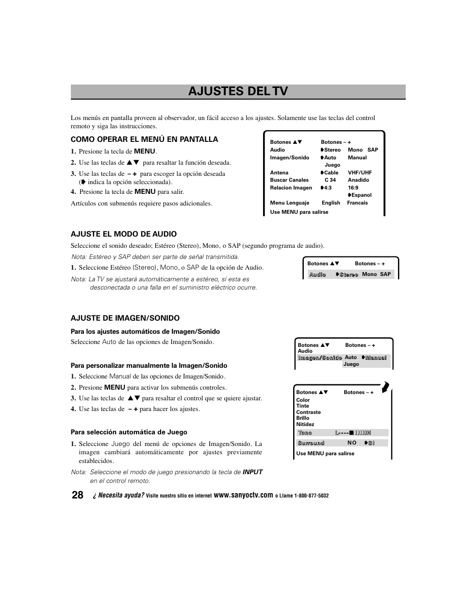 Ajustes del tv, Como operar el menú en pantalla, Ajuste el modo de audio | Ajuste de imagen/sonido | Sanyo DS27225 User Manual | Page 28 / 52