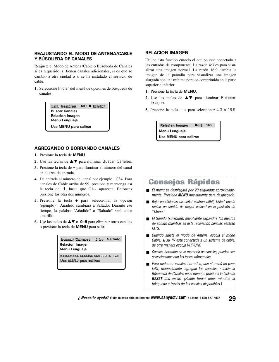 Consejos rápidos, Relacion imagen, Agregando o borrando canales | Sanyo DS27225 User Manual | Page 29 / 52