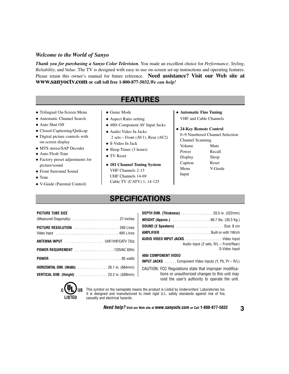 Features specifications, Welcome to the world of sanyo, Need assistance? visit our web site at | Sanyo DS27225 User Manual | Page 3 / 52