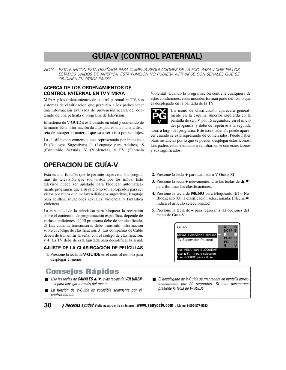 Consejos rápidos, Guía-v (control paternal), Operacion de guía-v | Sanyo DS27225 User Manual | Page 30 / 52