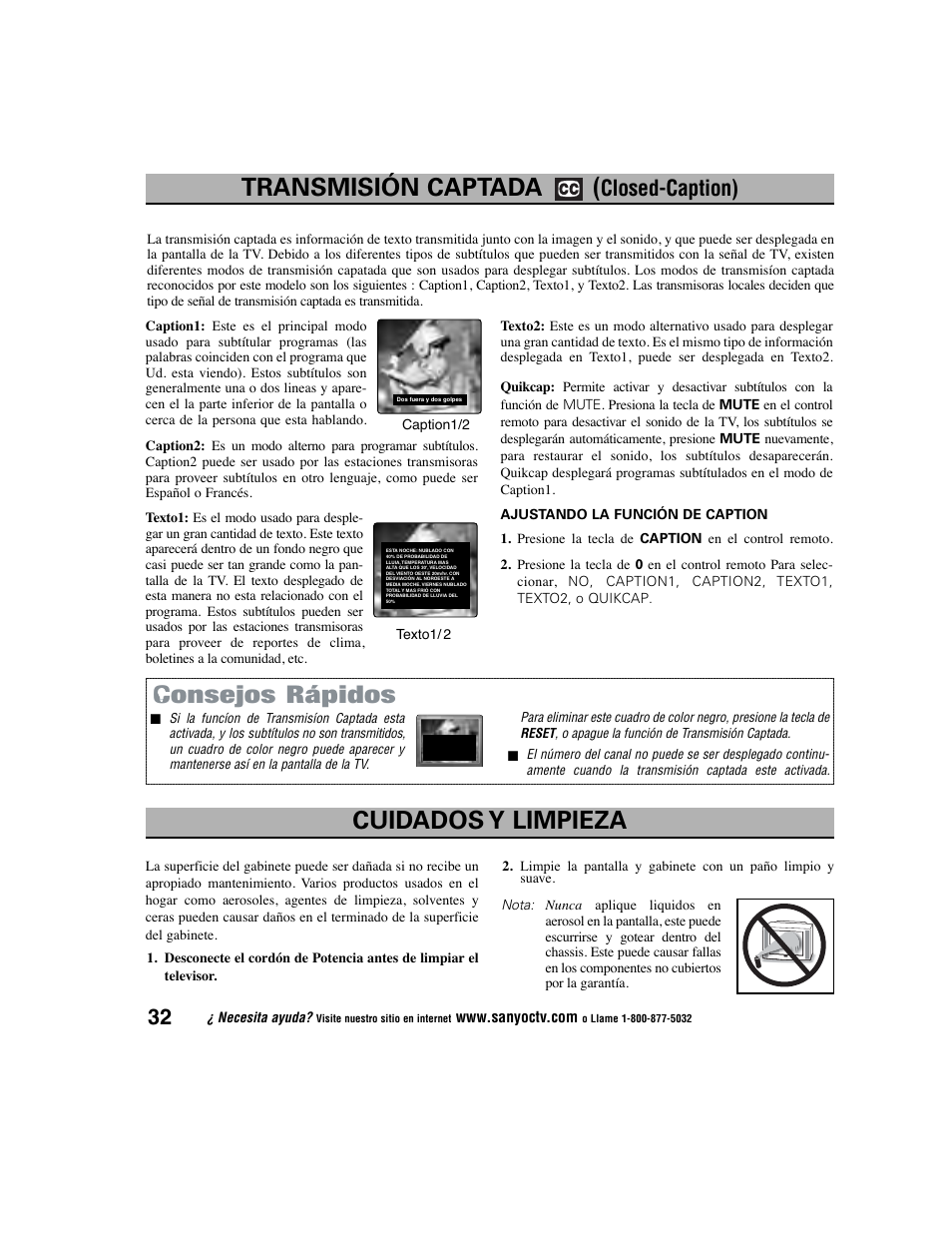 Consejos rápidos, Transmisión captada, Cuidados y limpieza | Closed-caption) | Sanyo DS27225 User Manual | Page 32 / 52