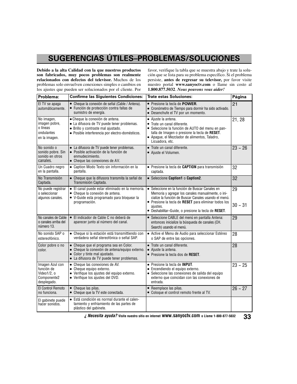 Sugerencias útiles–problemas/soluciones | Sanyo DS27225 User Manual | Page 33 / 52