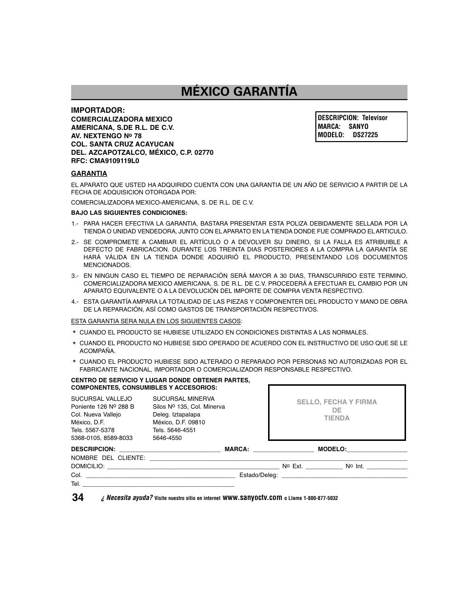 México garantía | Sanyo DS27225 User Manual | Page 34 / 52