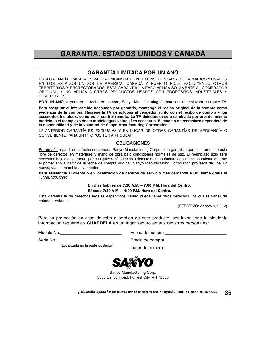 Garantía, estados unidos y canadá | Sanyo DS27225 User Manual | Page 35 / 52