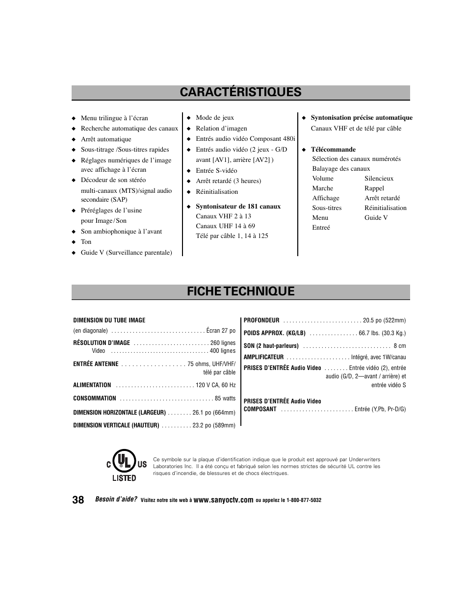 Caractéristiques fiche technique | Sanyo DS27225 User Manual | Page 38 / 52