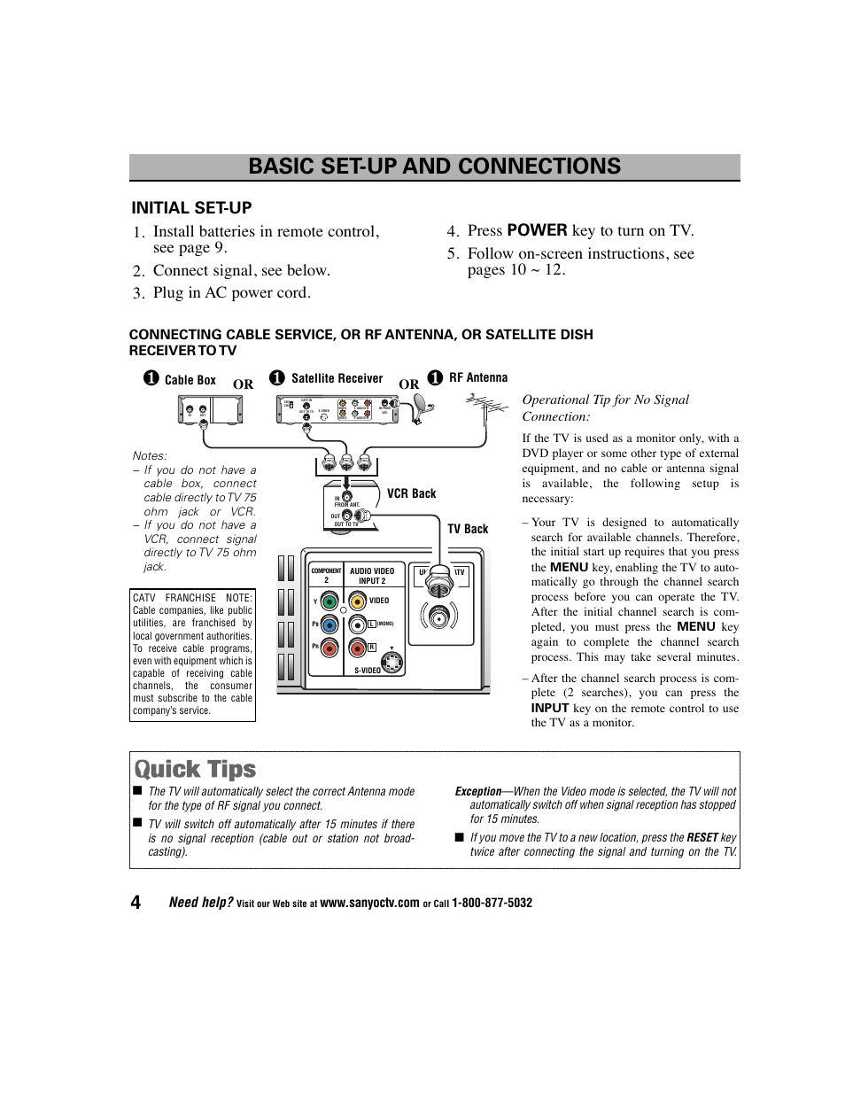 Basic set-up and connections, Operational tip for no signal connection, Need help | Sanyo DS27225 User Manual | Page 4 / 52