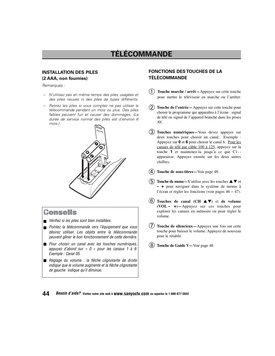 Télécommande | Sanyo DS27225 User Manual | Page 44 / 52