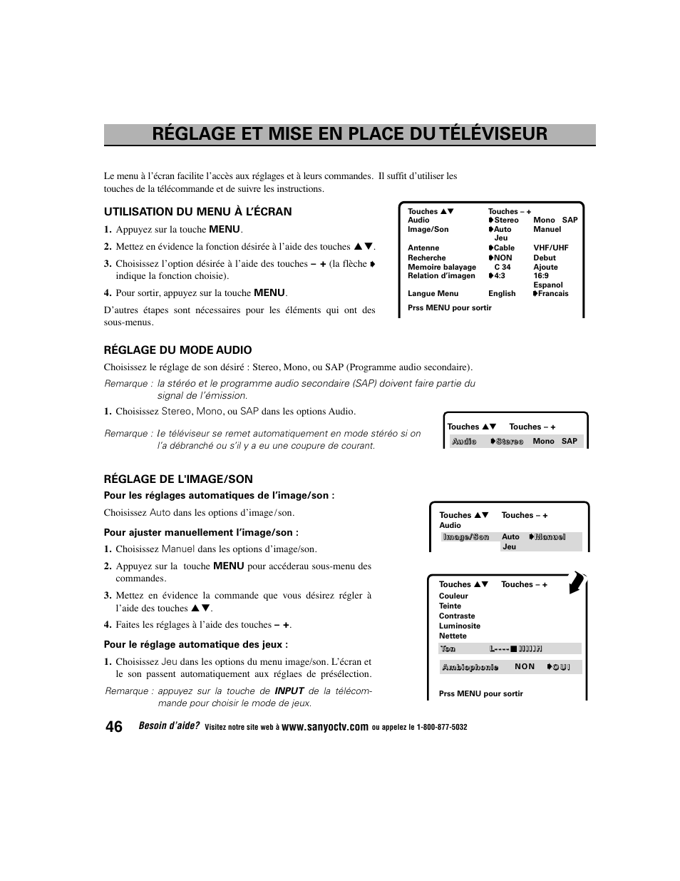 Réglage et mise en place du téléviseur, Utilisation du menu à l’écran, Réglage du mode audio | Réglage de l'image/son | Sanyo DS27225 User Manual | Page 46 / 52