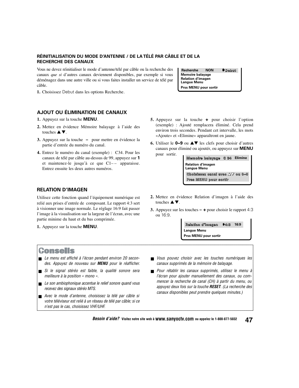 Ajout ou élimination de canaux, Relation d’imagen, Besoin d’aide | Sanyo DS27225 User Manual | Page 47 / 52