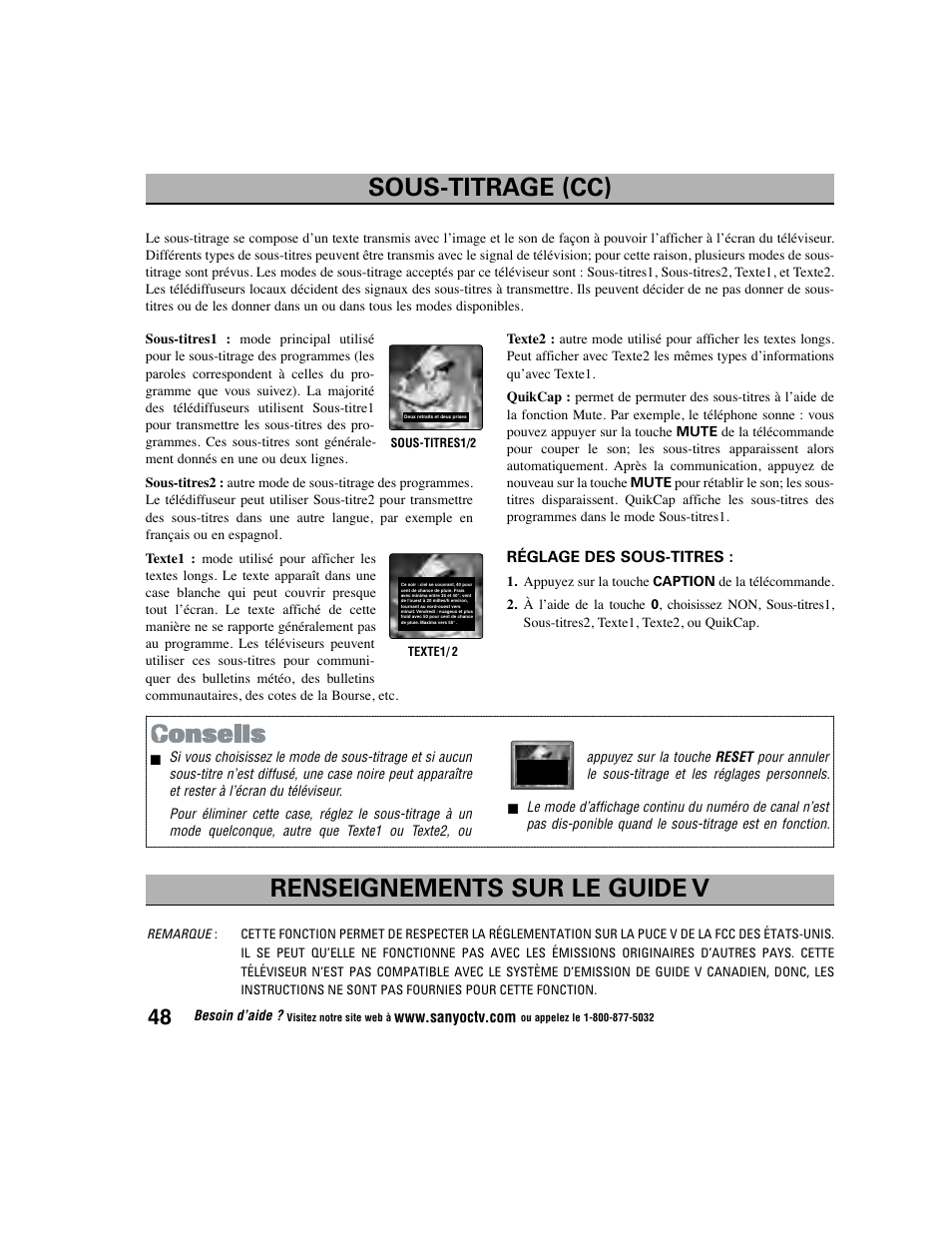 Renseignements sur le guide v, Sous-titrage (cc) | Sanyo DS27225 User Manual | Page 48 / 52