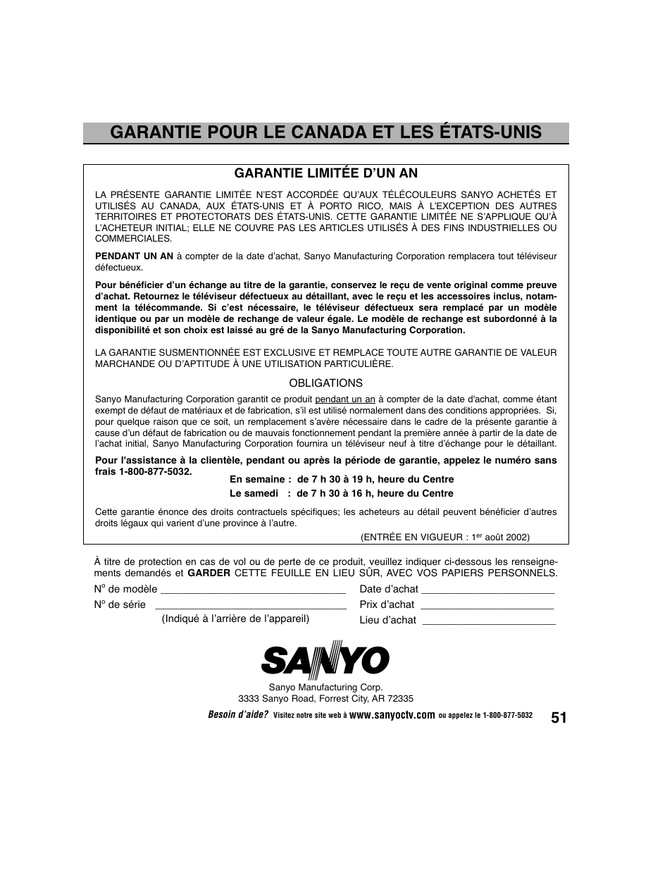 Garantie pour le canada et les états-unis | Sanyo DS27225 User Manual | Page 51 / 52