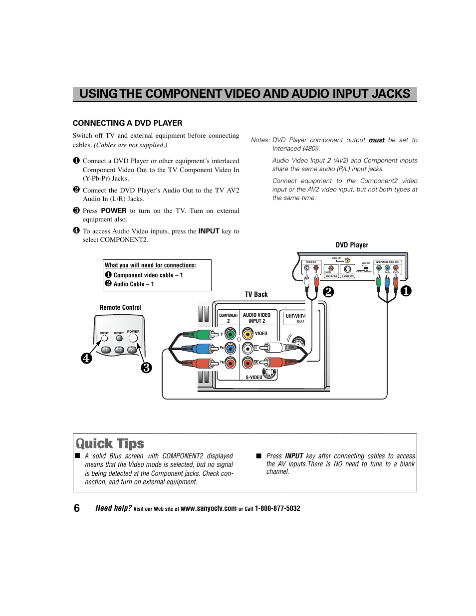 Using the component video and audio input jacks, Connecting a dvd player, Need help | Sanyo DS27225 User Manual | Page 6 / 52