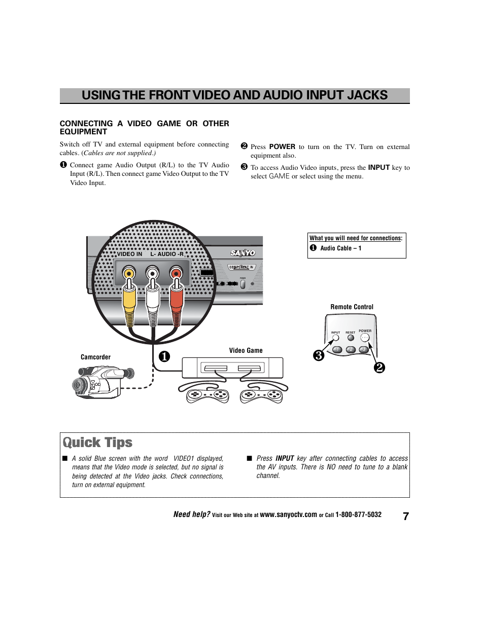 Using the front video and audio input jacks | Sanyo DS27225 User Manual | Page 7 / 52