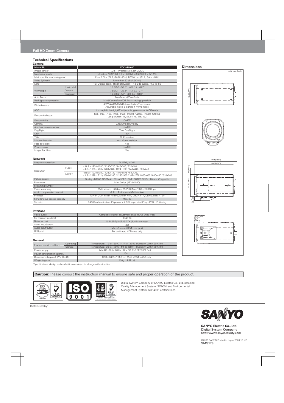Technical specifications, Full hd zoom camera, Dimensions | Sanyo THINK GAIA VCC-HD4600 User Manual | Page 2 / 2