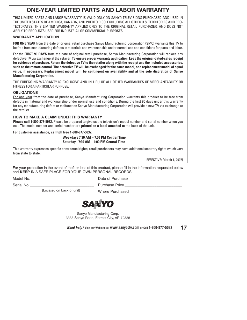 One-year limited parts and labor warranty | Sanyo DP37647 User Manual | Page 17 / 52