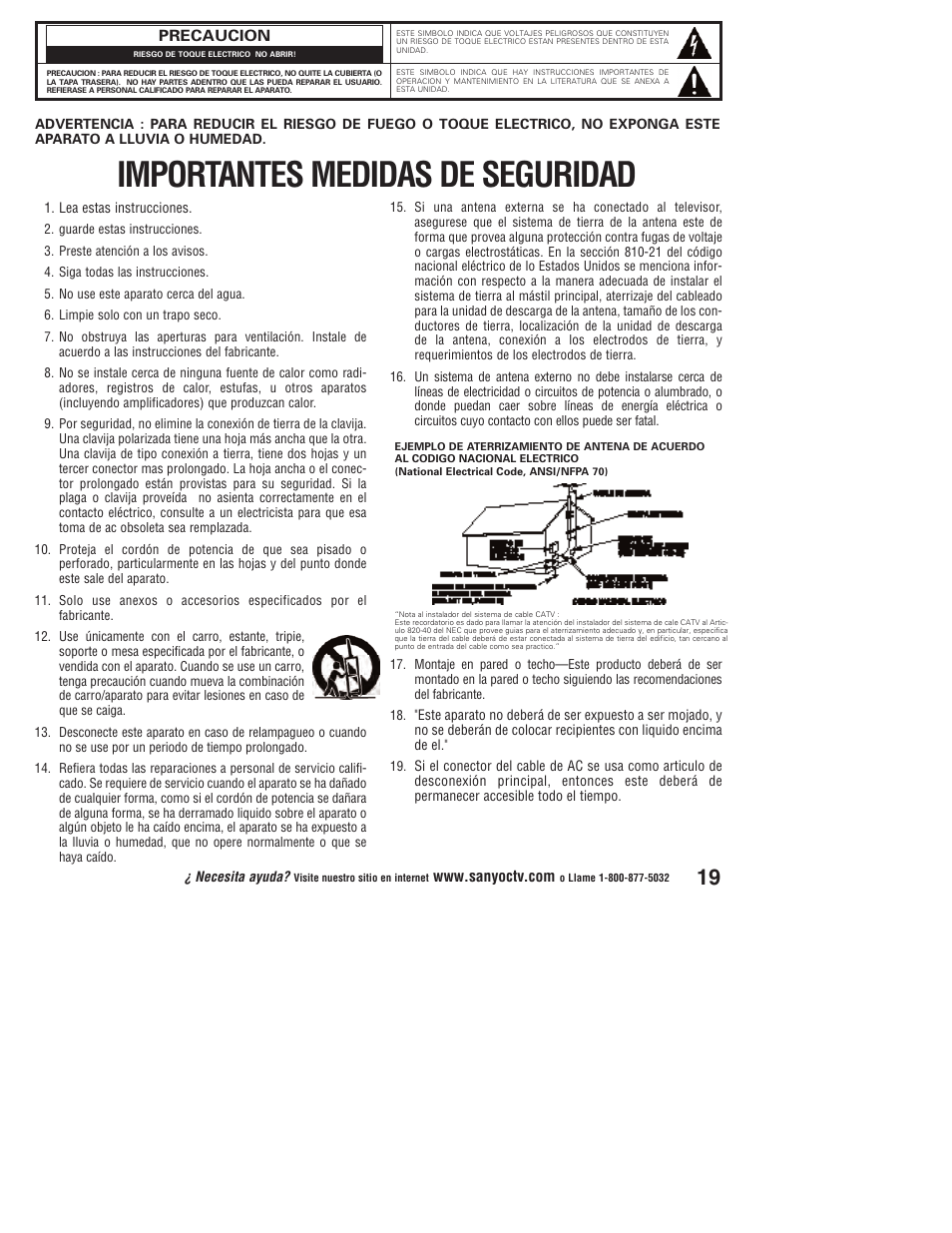 Importantes medidas de seguridad | Sanyo DP37647 User Manual | Page 19 / 52