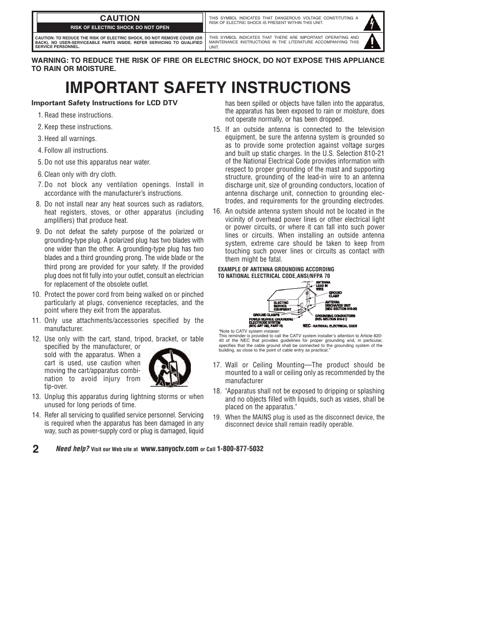 Important safety instructions | Sanyo DP37647 User Manual | Page 2 / 52