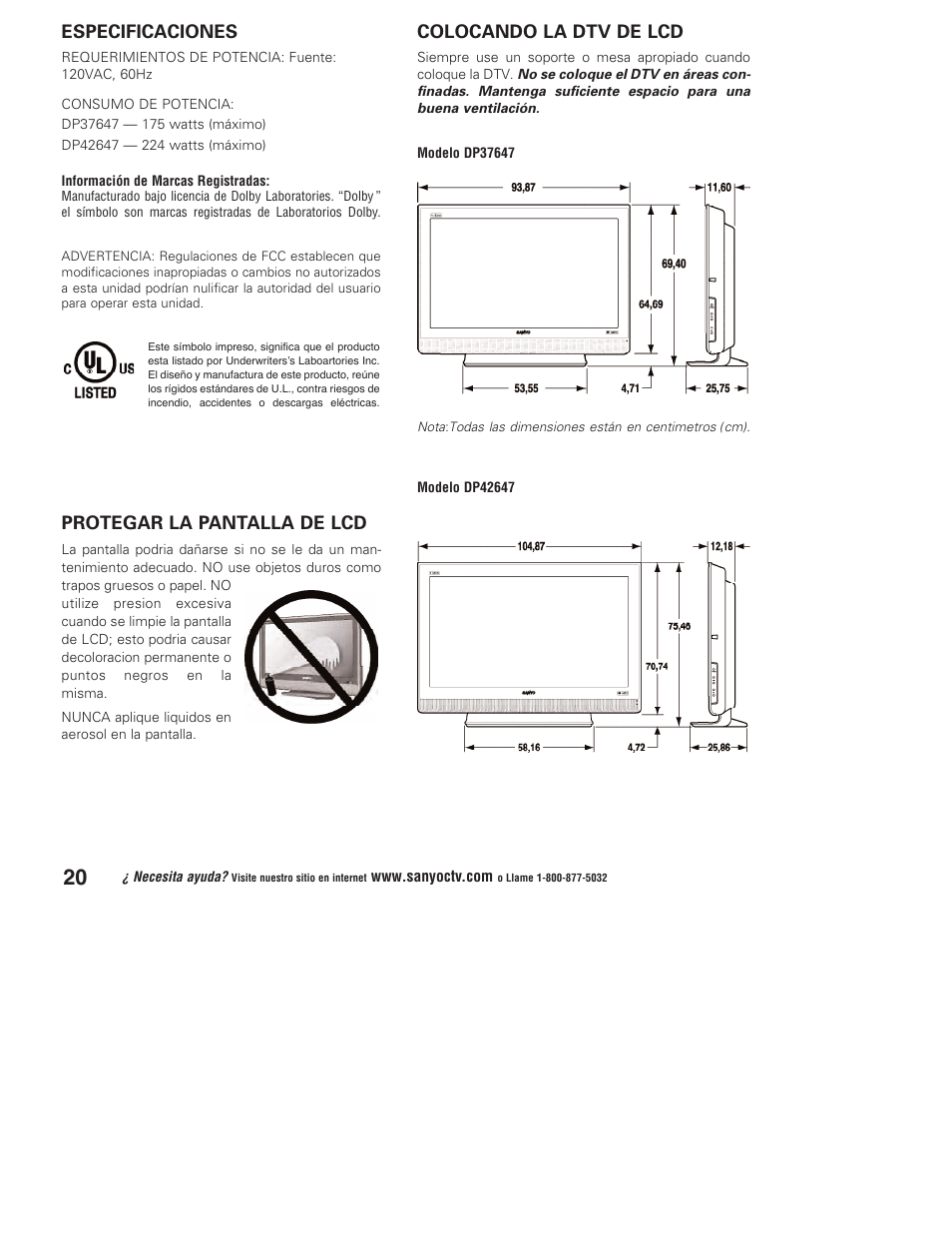 Especificaciones, Protegar la pantalla de lcd, Colocando la dtv de lcd | Sanyo DP37647 User Manual | Page 20 / 52