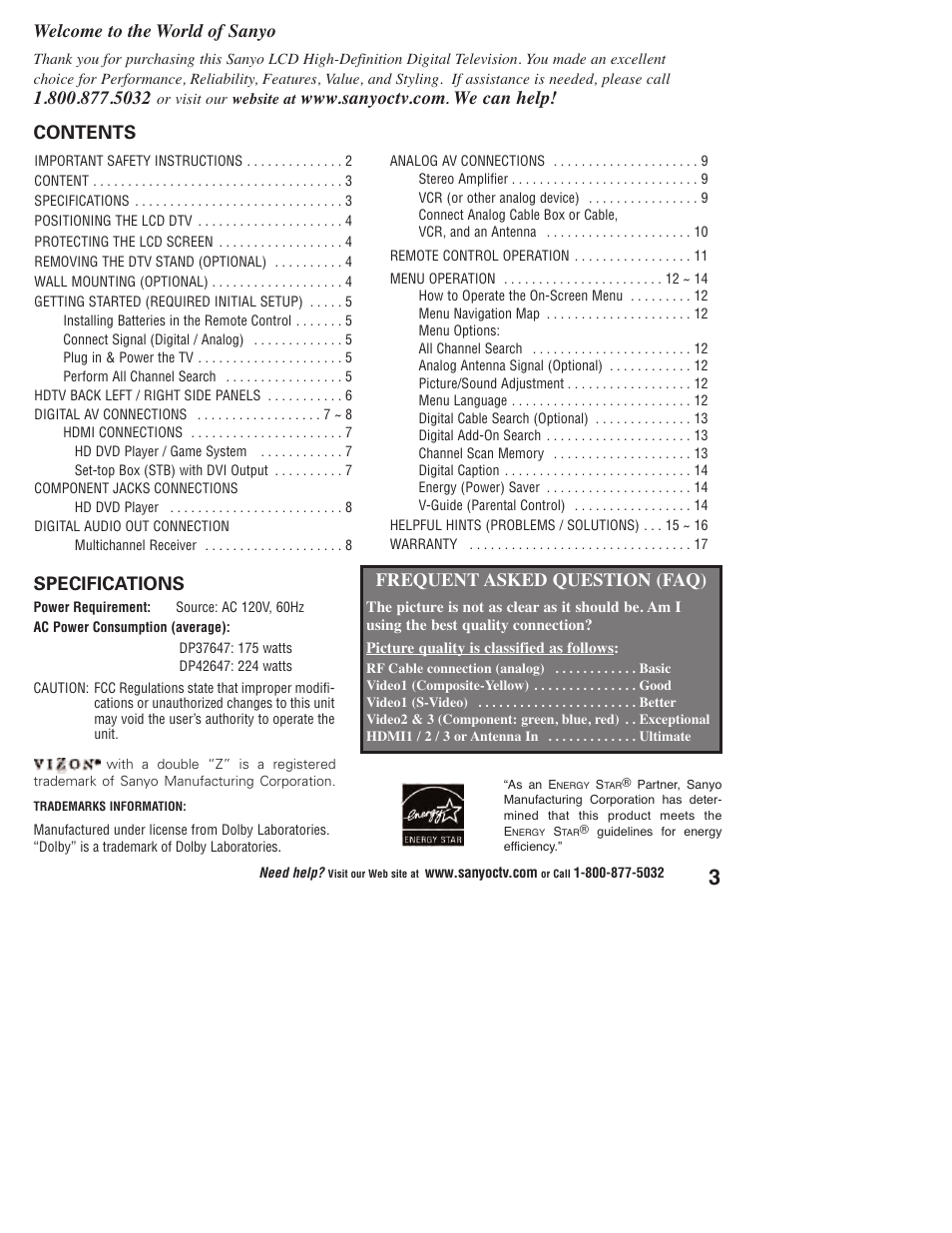 Sanyo DP37647 User Manual | Page 3 / 52