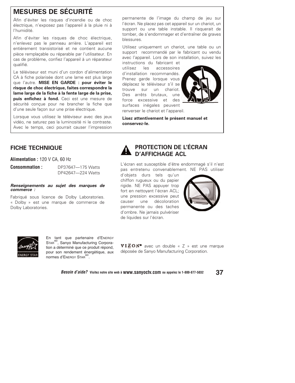 Mesures de sécurité, Protection de l’écran d’affichage acl, Fiche technique | Sanyo DP37647 User Manual | Page 37 / 52