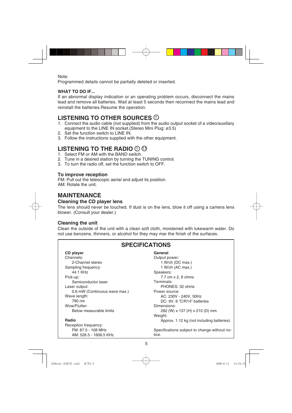 Listening to other sources, Listening to the radio, Maintenance | Specifications | Sanyo MCD-XP631 User Manual | Page 6 / 6