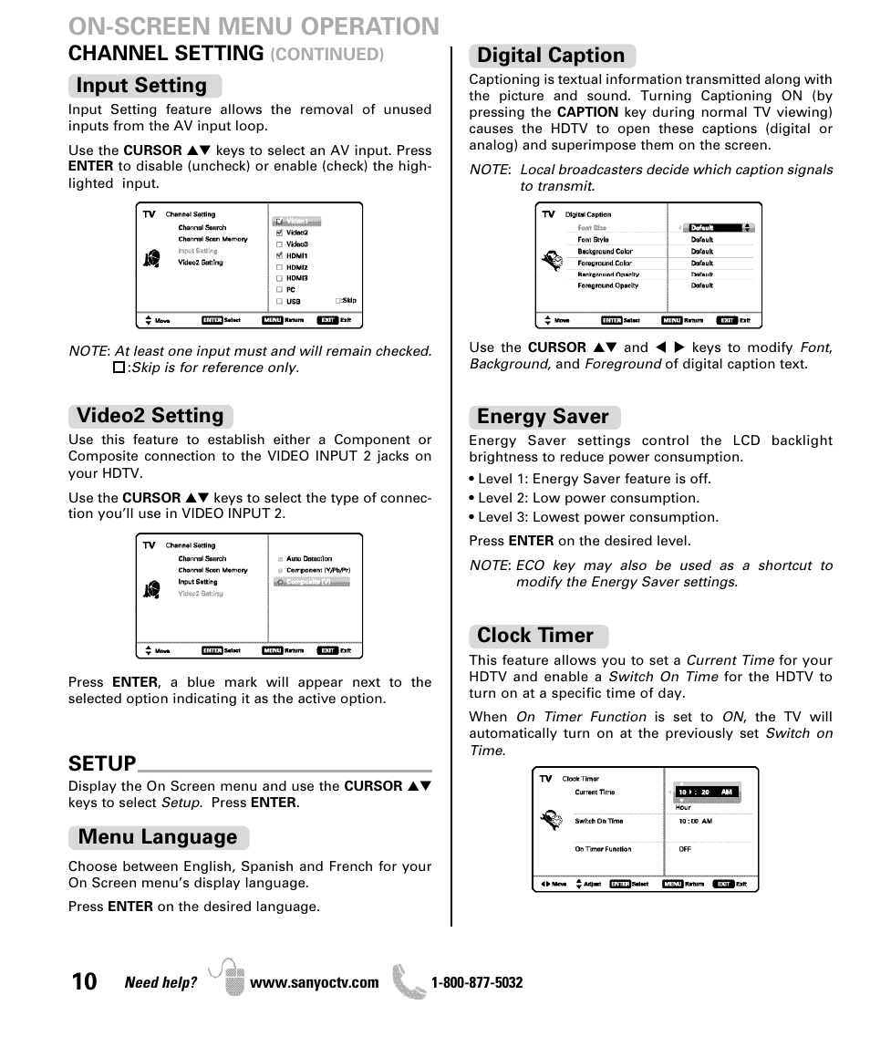 On-screen menu operation, Channel setting, Input setting | Video2 setting setup, Menu language, Digital caption, Energy saver, Clock timer | Sanyo DP42841 User Manual | Page 10 / 44