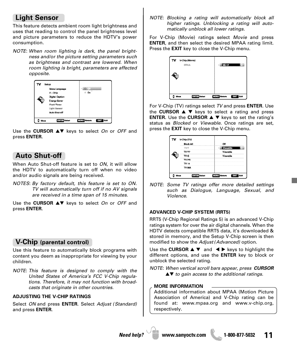 Light sensor, V-chip, Auto shut-off | Sanyo DP42841 User Manual | Page 11 / 44