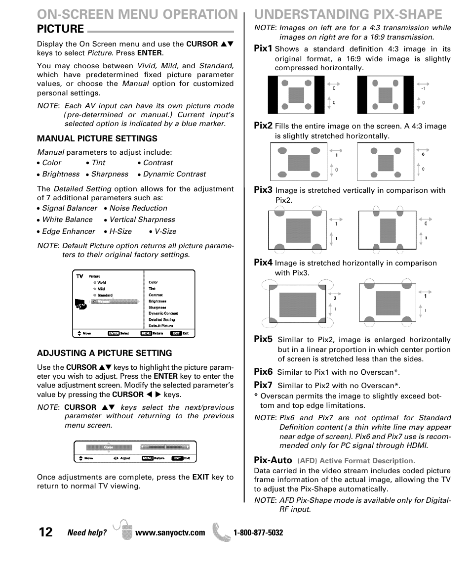 Understanding pix-shape, On-screen menu operation, Picture | Sanyo DP42841 User Manual | Page 12 / 44