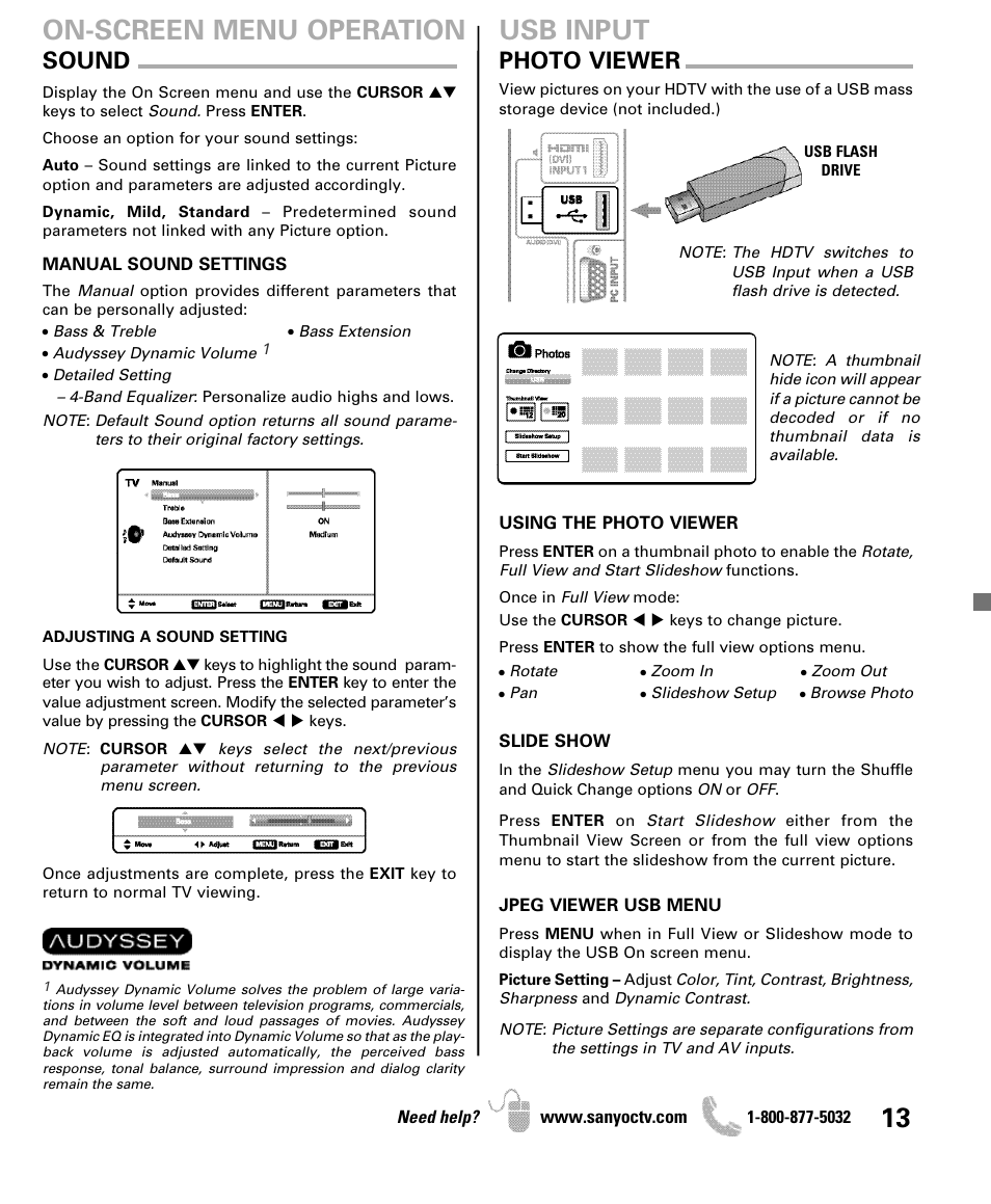 On-screen menu operation, Usb input, Sound | Photo viewer | Sanyo DP42841 User Manual | Page 13 / 44