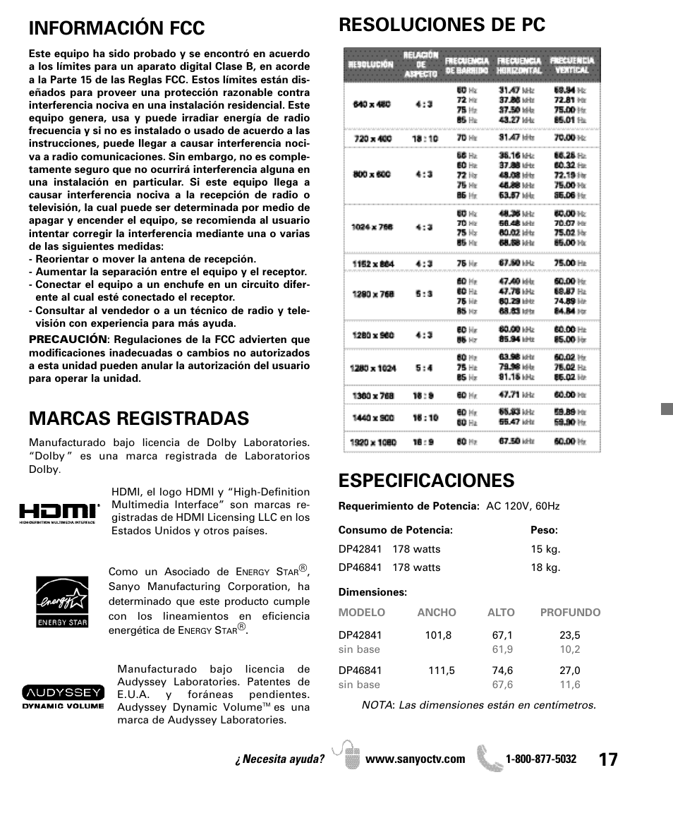 Información fcc, Resoluciones de pc marcas registradas, Especificaciones | Sanyo DP42841 User Manual | Page 17 / 44