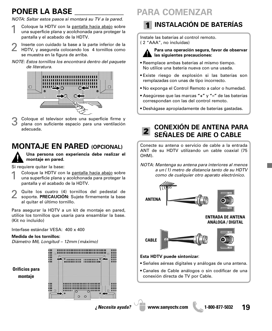 Para comenzar, Poner la base, Montaje en pared | Sanyo DP42841 User Manual | Page 19 / 44