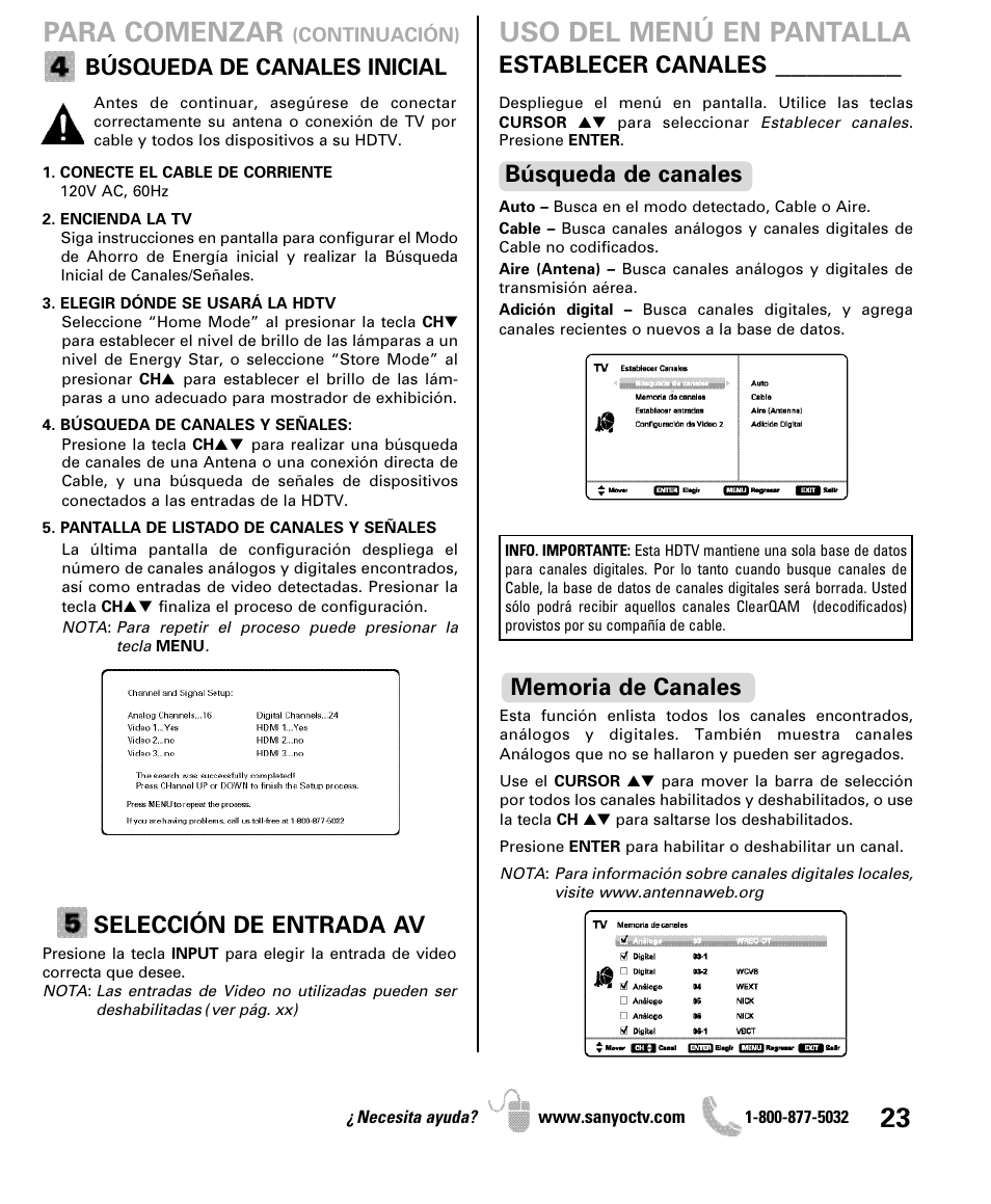 Para comenzar, Uso del menú en pantalla, Selección de entrada av | Establecer canales, Búsqueda de canales, Búsqueda de canales inicial | Sanyo DP42841 User Manual | Page 23 / 44