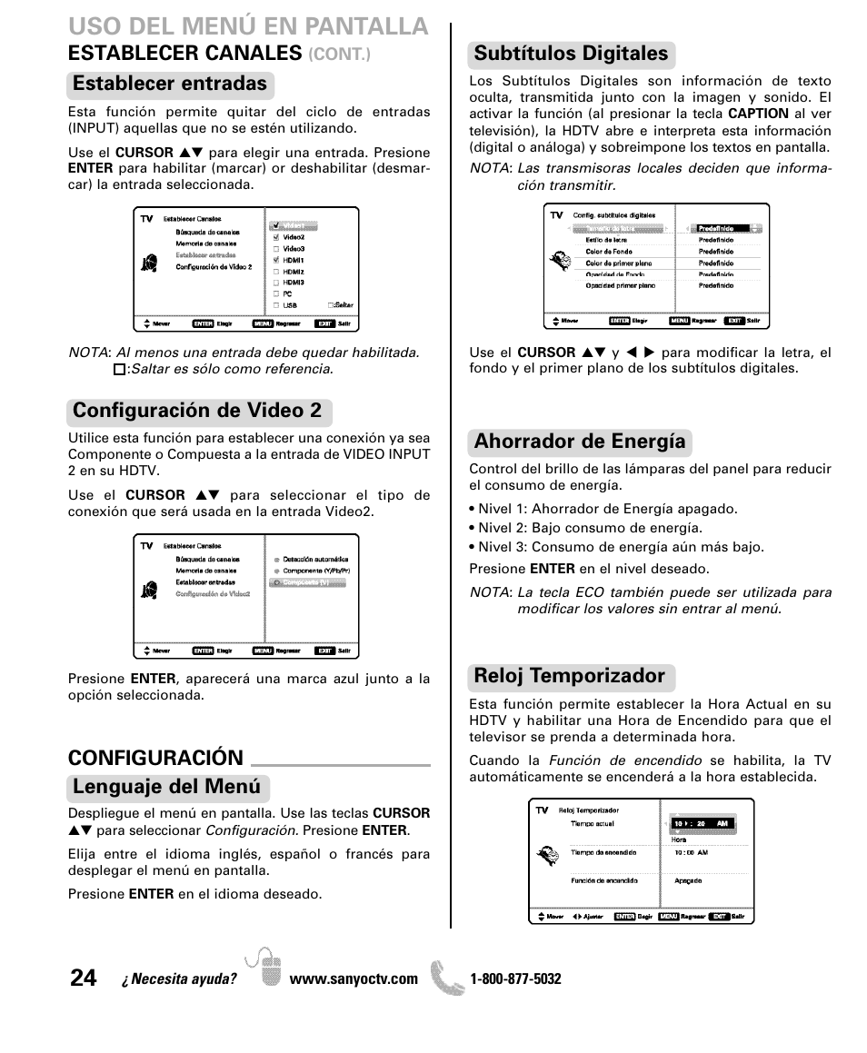 Uso del menú en pantalla, Establecer entradas, Establecer canales | Configuración configuración de video 2, Lenguaje del menú, Subtítulos digitales, Ahorrador de energía, Reloj temporizador | Sanyo DP42841 User Manual | Page 24 / 44