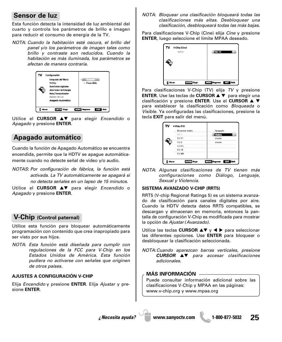 Sensor de luz, V-chip, Apagado automático | Sanyo DP42841 User Manual | Page 25 / 44