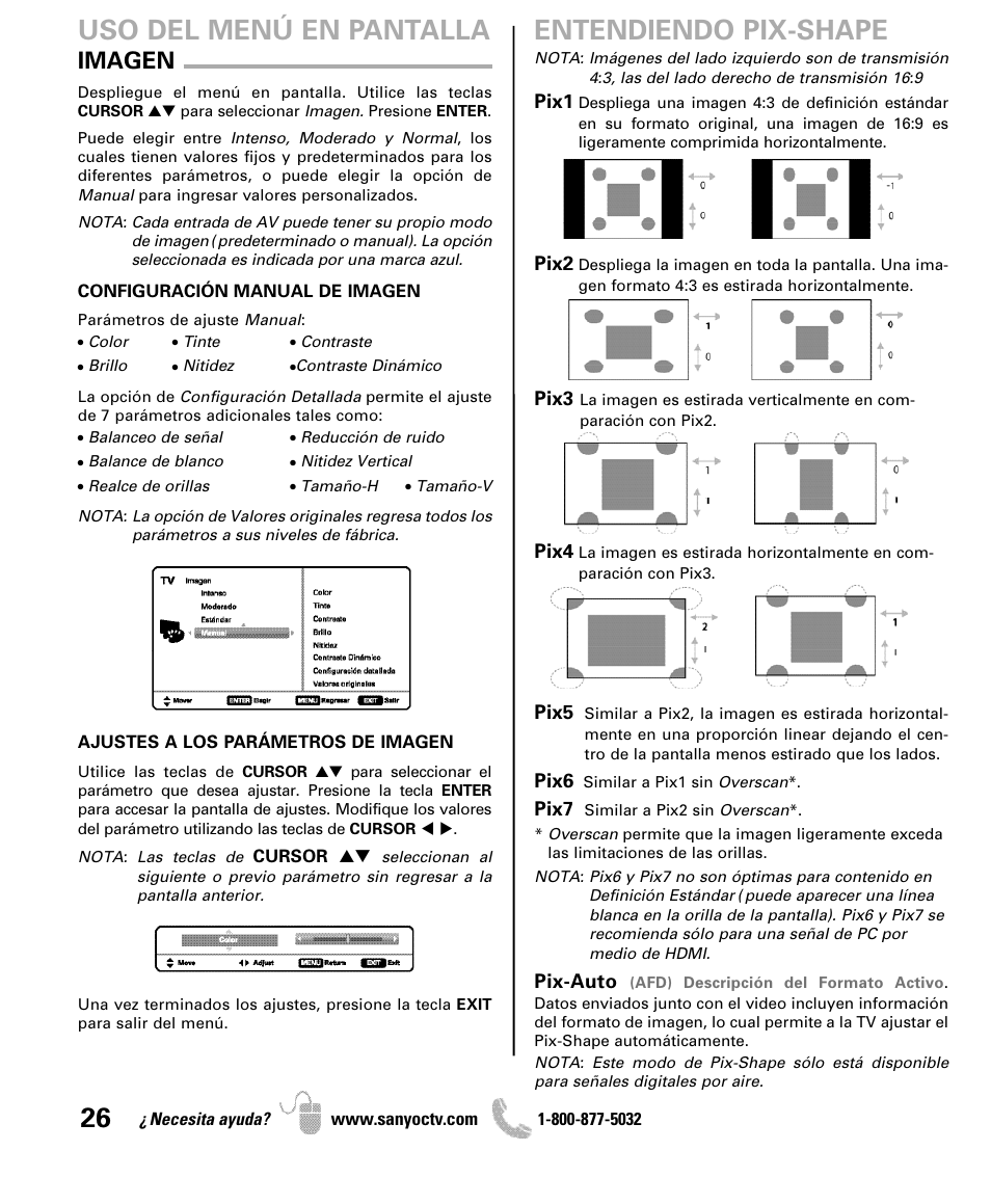 Entendiendo pix-shape, Uso del menú en pantalla, Imagen | Sanyo DP42841 User Manual | Page 26 / 44