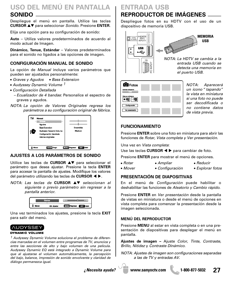 Uso del menú en pantalla, Entrada usb, Sonido | Reproductor de imágenes | Sanyo DP42841 User Manual | Page 27 / 44