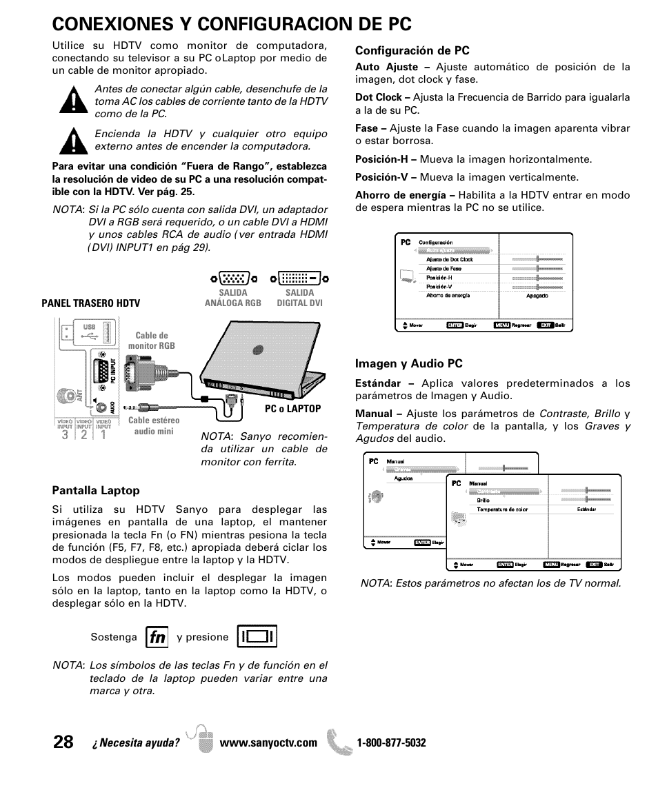 Conexiones y configuracion de pc | Sanyo DP42841 User Manual | Page 28 / 44