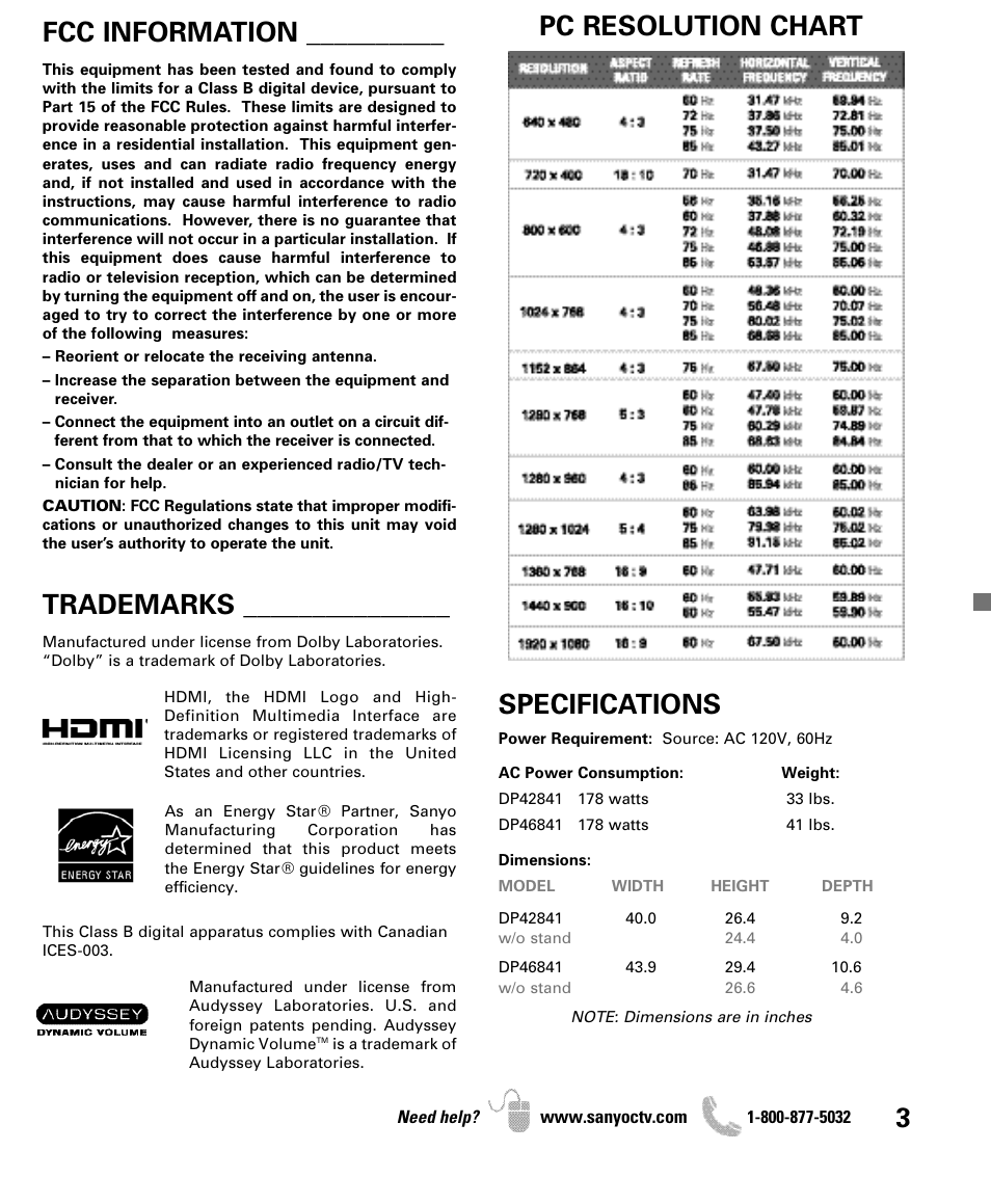 Pc resolution chart fcc information, Trademarks, Specifications | Sanyo DP42841 User Manual | Page 3 / 44